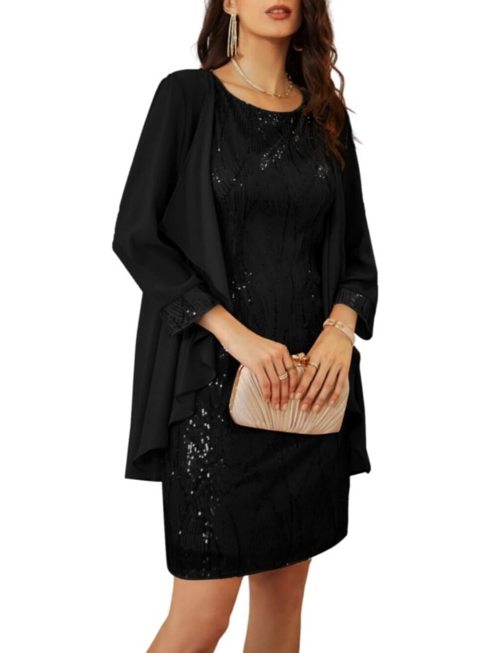 Women's Black Two Piece 3/4 Sleeve Knee Length Crew Neck Bodycon Chiffon Dress